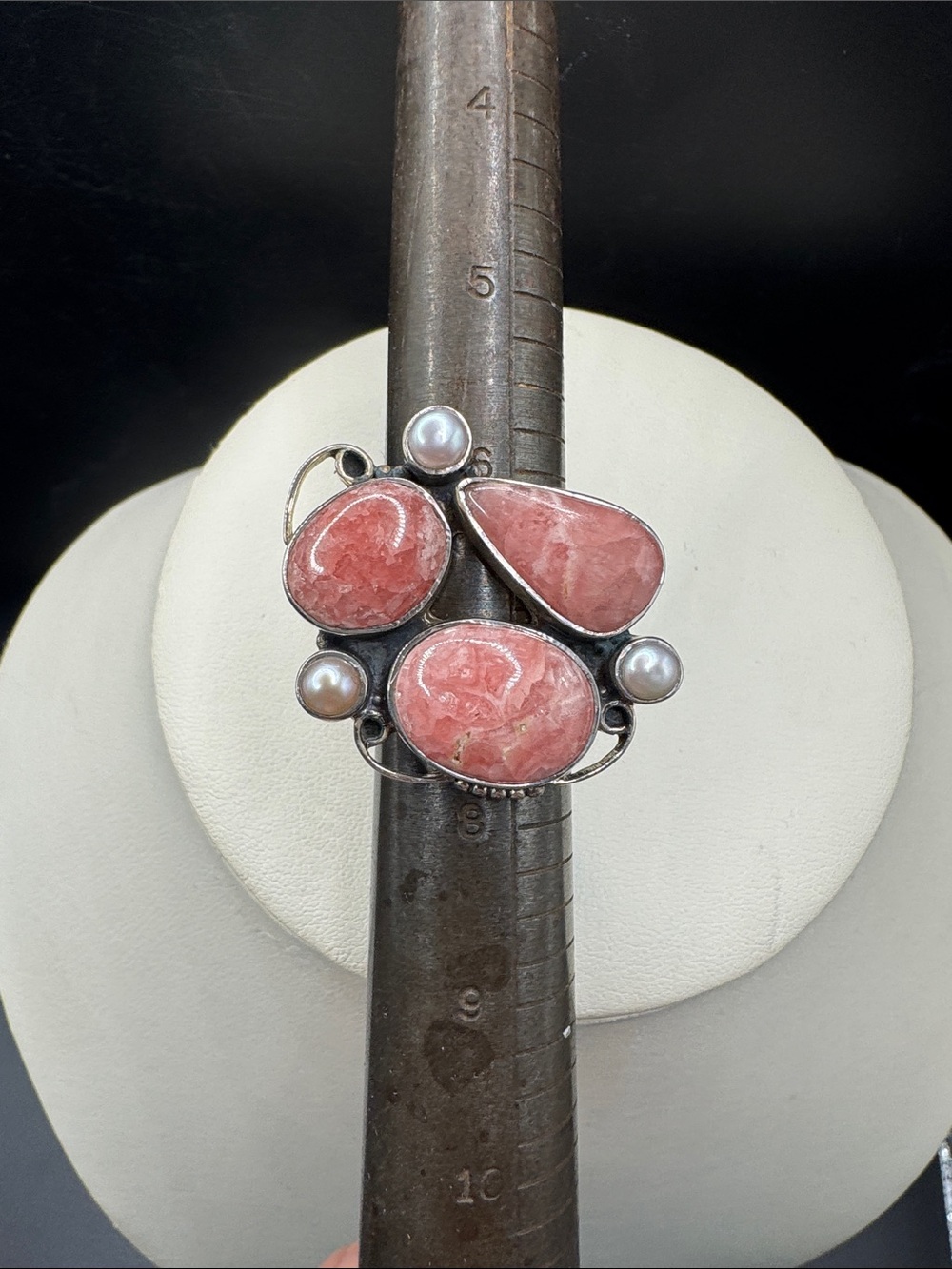 Pink Rhodochrosite and Pearl Statement Ring - Women Jewelry size 7